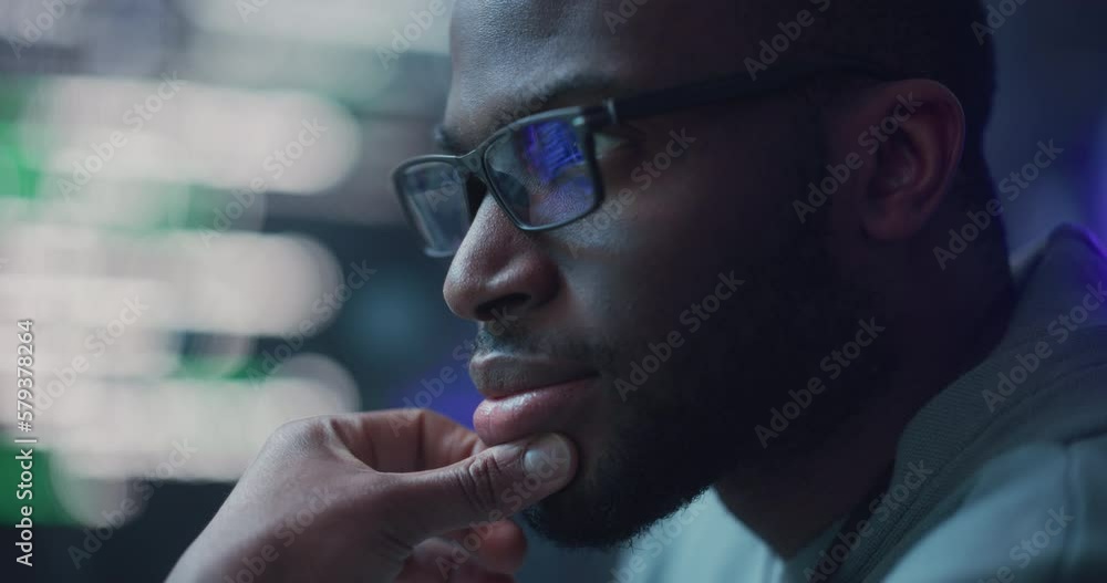 Poster Zoom In, Close Up Portrait of Male Programmer Developing New Software, Coding, Managing Cybersecurity Project. Black Man Working on Computer, Lines of Code Language Reflecting on his Glasses