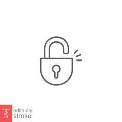 Unlocked lock icon. Simple outline style. Padlock with keyhole, open key, security concept. Thin line vector illustration design on white background. Editable stroke EPS 10.