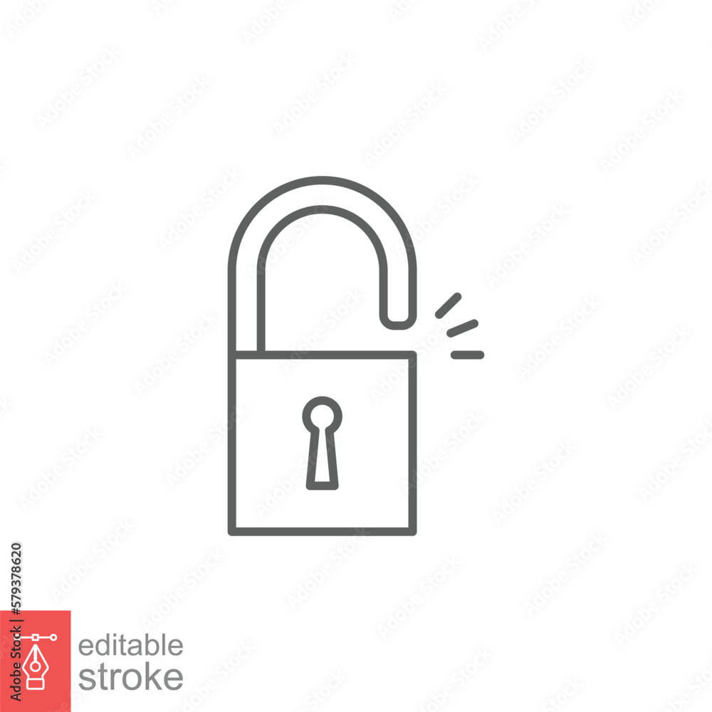 Poster unlocked lock icon. simple outline style. padlock with keyhole, open key, security concept. thin lin