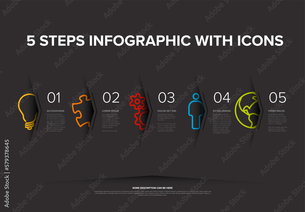 Aufkleber vector five steps progress or options template with big color icons on dark gray background