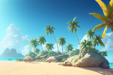 Fototapeta na wymiar Tropical landscape. Tropical island in sunny weather. Palm trees, ocean, sandy beach. Generative AI.