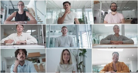 Video call, team and virtual meeting with collage and collaboration, networking and b2b with business people. Communication, virtual chat and professional group with discussion, diversity and webinar