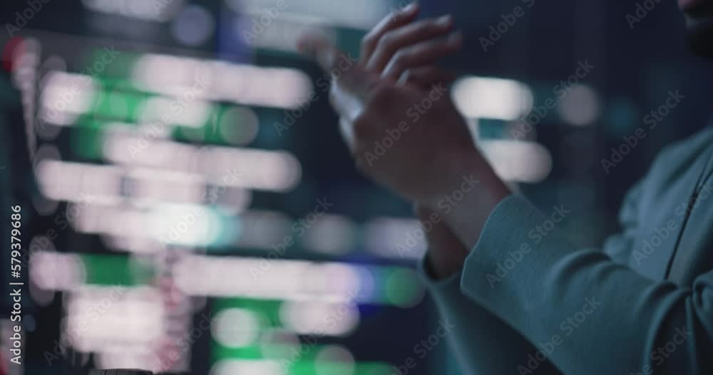 Poster Close Up on Black Male Hands Stretching and Getting Ready to Type on a Desktop Computer Keyboard. Professional Programmer Writing Code Displayed on Two Monitor Screens. High Tech Developing Concept
