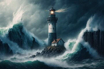 Fototapeta Thunder, lightning, and high waves surround a lighthouse in this stormy scene. Oceanic digital painting and panorama of epic proportions. Generative AI obraz