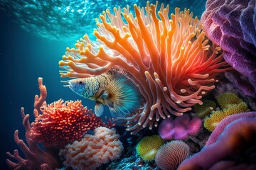 Naklejka na ściany i meble Beautiful underwater world. AI technology generated image