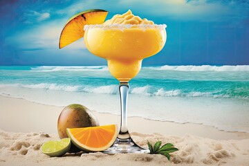 A margarita made with freshly blended mango, ideally enjoyed on a beach in the tropics. Generative AI - obrazy, fototapety, plakaty