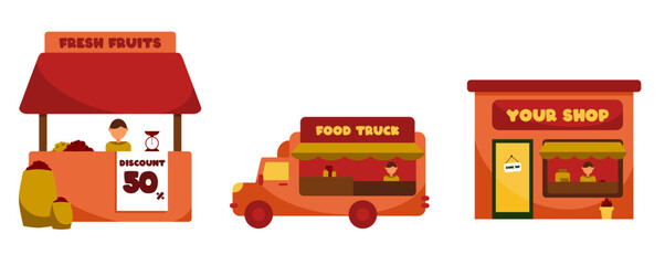 set of store, shop, food truck, and kiosk. street food business vector illustration for website, poster, banner, and social media.