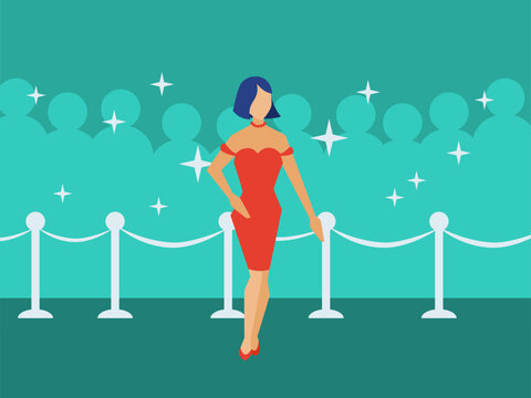 blue short-haired girl in beautiful orange strapless dress posing on red carpet with paparazzi in the back. faceless woman, elegant, and fancy vector illustration for website and poster.