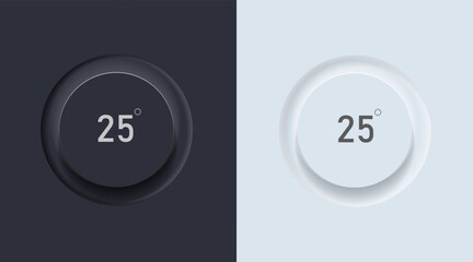 Neumorphism UI elements Circular buttons, dark and light modes, white and black design for smart technology and applications. 