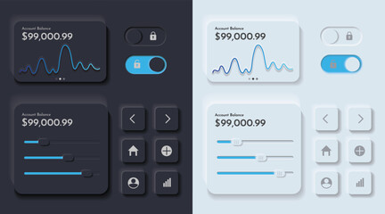 Neumorphism UI elements digital finance, dark and light modes, white and black design for smart technology and applications. 