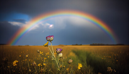 A rainbow in the sky over a flowering field generated by AI