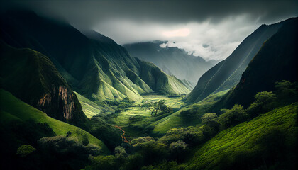 A verdant valley with low clouds hovering generated by AI
