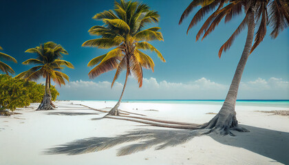 A white sand beach with palm trees all around generative AI