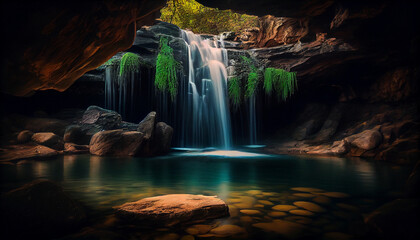 A waterfall with water falling into a natural pool generated by AI