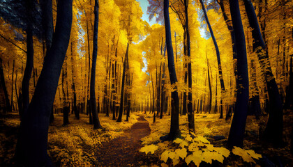 An autumn forest with trees with yellow and red leaves generated by AI