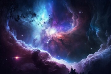Obraz premium Colorful dark blue and purple nebulae in space. AI technology generated image