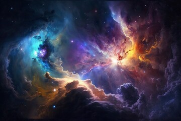 Fototapeta na wymiar Colorful dark blue and purple nebulae in space. AI technology generated image