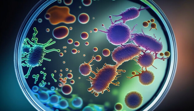 Cellules et virus dans une bo&icirc;te de Petri, Generative AI