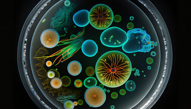 Cellules et virus dans une bo&icirc;te de Petri, Generative AI