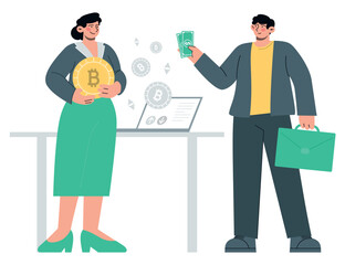Buying bitcoin by cash. Online trade and exchange. Cryptocurrency marketplace. Flat vector minimalist illustrations