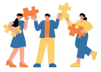 Business people holding puzzle pieces. Teamwork in office. Working process and ideas. Flat vector minimalist illustrations