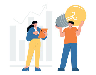 Couple with tablet and big bulb. Ideas and teamwork in office. Todo list. Flat vector minimalist illustrations