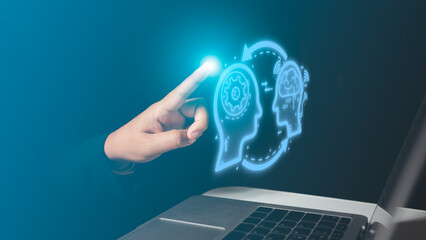 artificial intelligence operation on the virtual screen, robot data visualization display, learning and exchanging information ,Digital transformation change management, internet of things.