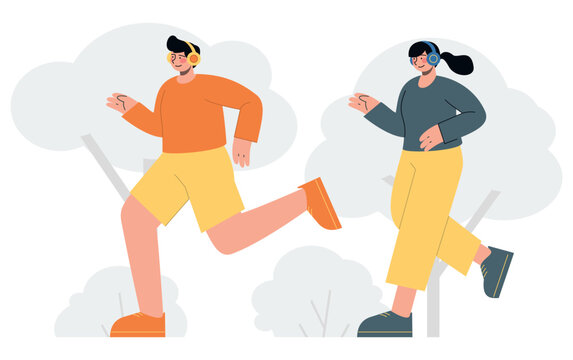 Girl and boy running. Sport competition. Relax with good music in headphones. Flat vector minimalist illustrations