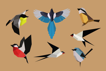 Fototapeta premium Set of birds in origami style with 3d effect. Swallow, magpie, titmouse in different poses