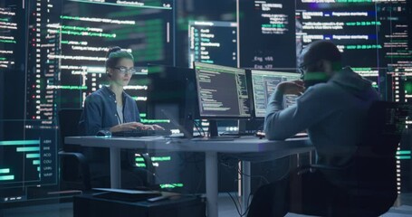 Portrait of Two Programmers Working in a Monitoring Control Room, Surrounded by Big Screens Displaying Lines of Programming Language Code. Portrait of Diverse Developers Creating a Software and Coding - Powered by Adobe