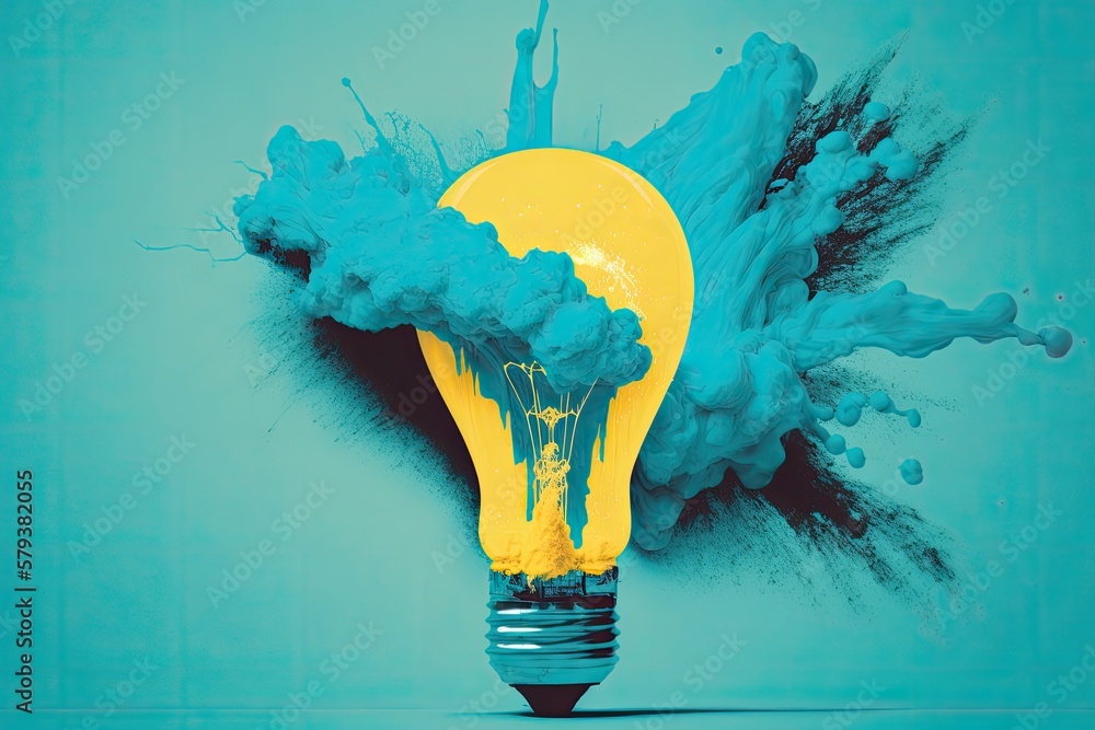Poster a spray effect is applied to a yellow lightbulb, which is superimposed over a cyan background. theor