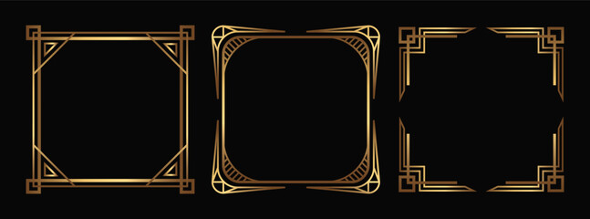 Art Deco vector square Social Media templates. Isolated linear fancy gold frames on black