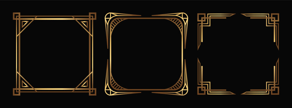 Art Deco vector square Social Media templates. Isolated linear fancy gold frames on black