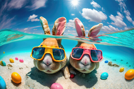 Cute Easter bunnies hunting Easter eggs underwater. Travel vacation for Easter holidays. AI Generated