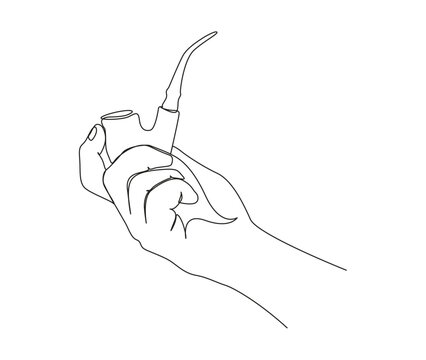 Continuous one line drawing of hand holding tobacco pipe. Simple hand holds smoking pipe outline design. Editable active stroke vector.
