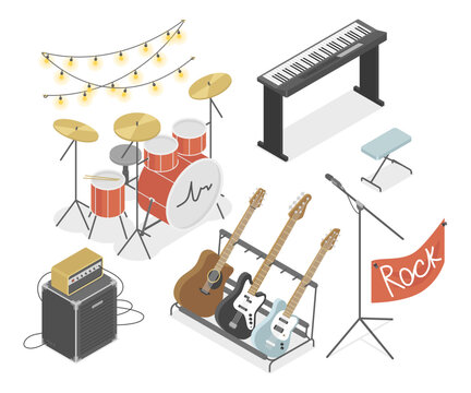 Electronic rock instruments - modern vector colorful isometric illustrations set