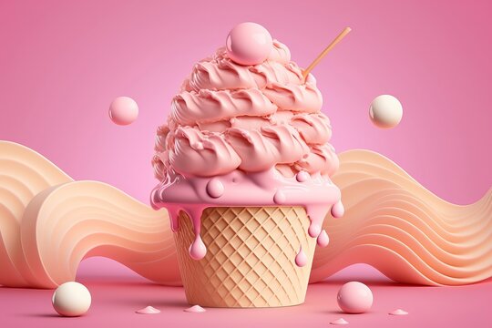 Delicious cream ice cream with a ball, on a pink background. AI technology generated image