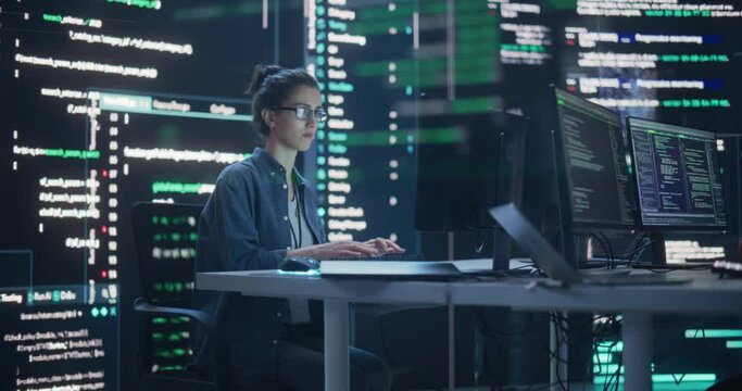 Young Man and Woman Working on Desktop Computers, Surrounded by Big Screens Displaying Code Lines. Professional Computer Engineers Developping System Control and Monitoring Telecommunications