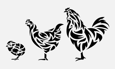 Fototapeta na wymiar set of chickens in tribal tattoo style. chickens of different sizes, different breeds. chick, hen, rooster. side view. animal, pet, farm, ornament, decor concept. flat vector illustration.