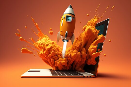 Digital illustration of laptop and rocket, orange  background. Generative AI
