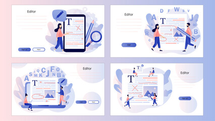 Editor and copywriting services. Tiny people copywriters checking grammar and spelling document page. Screen template for landing page, template, ui, web, mobile app, poster, banner, flyer. Vector 