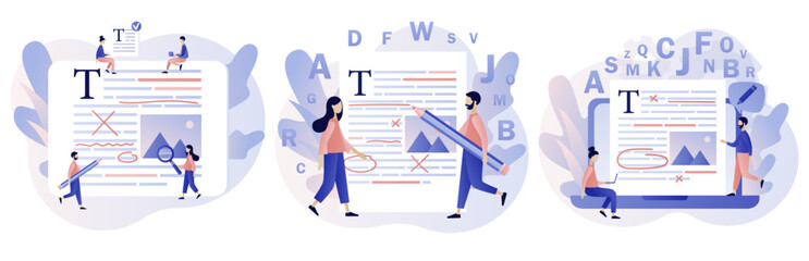 Editor and copywriting services. Tiny people copywriters checking grammar and spelling document page. Online editing. Modern flat cartoon style. Vector illustration on white background