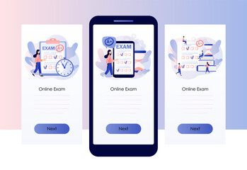 Online exam. Tiny students with test exam result. Education, studying, Digital elearnning, degree, graduate concept. Screen template for mobile, smartphone app. Modern flat cartoon style. Vector 