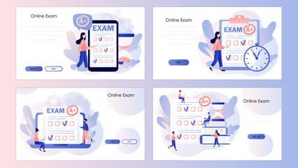 Online exam. Students with test exam result. Education, studying, learnning, degree, graduate concept. Screen template for landing page, template, ui, web, mobile app, poster, banner, flyer. Vector 