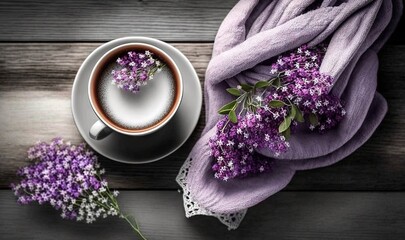 Obraz na płótnie Canvas a cup of coffee and some purple flowers on a table. generative ai