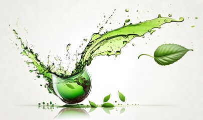 Fototapeta na wymiar a green liquid splashing out of a vase filled with leaves. generative ai