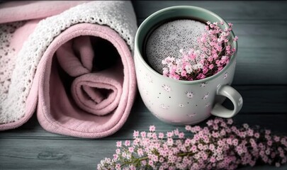 a cup of coffee and a pink blanket on a table.  generative ai