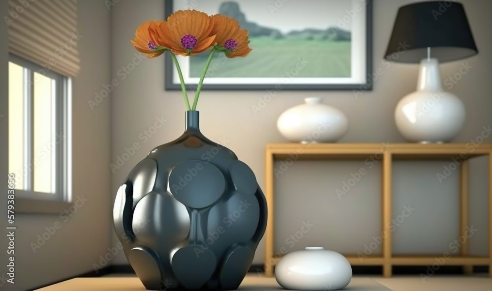 Poster a vase with a flower in it sitting on a table. generative ai