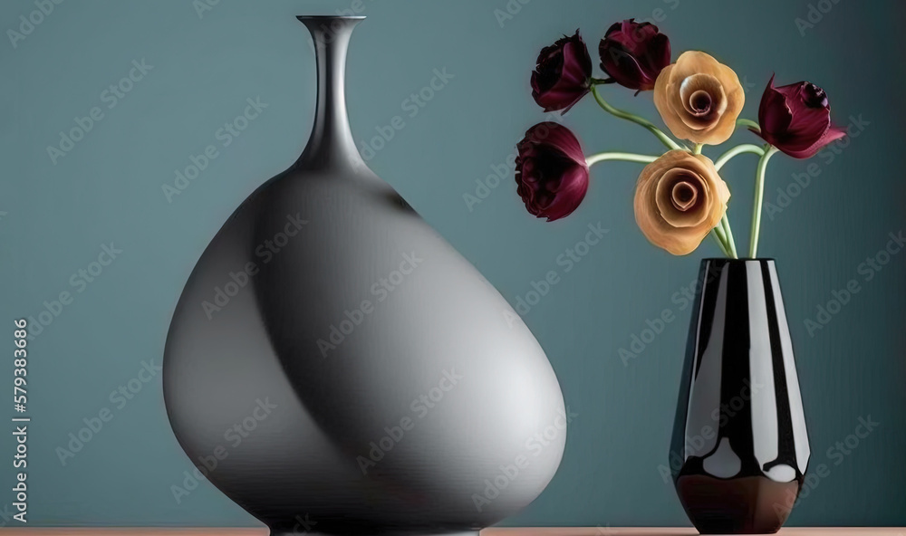 Poster two vases with flowers in them sitting on a table. generative ai