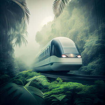 an electric high-speed train travels along a route through a bridge and thickets of tropical trees